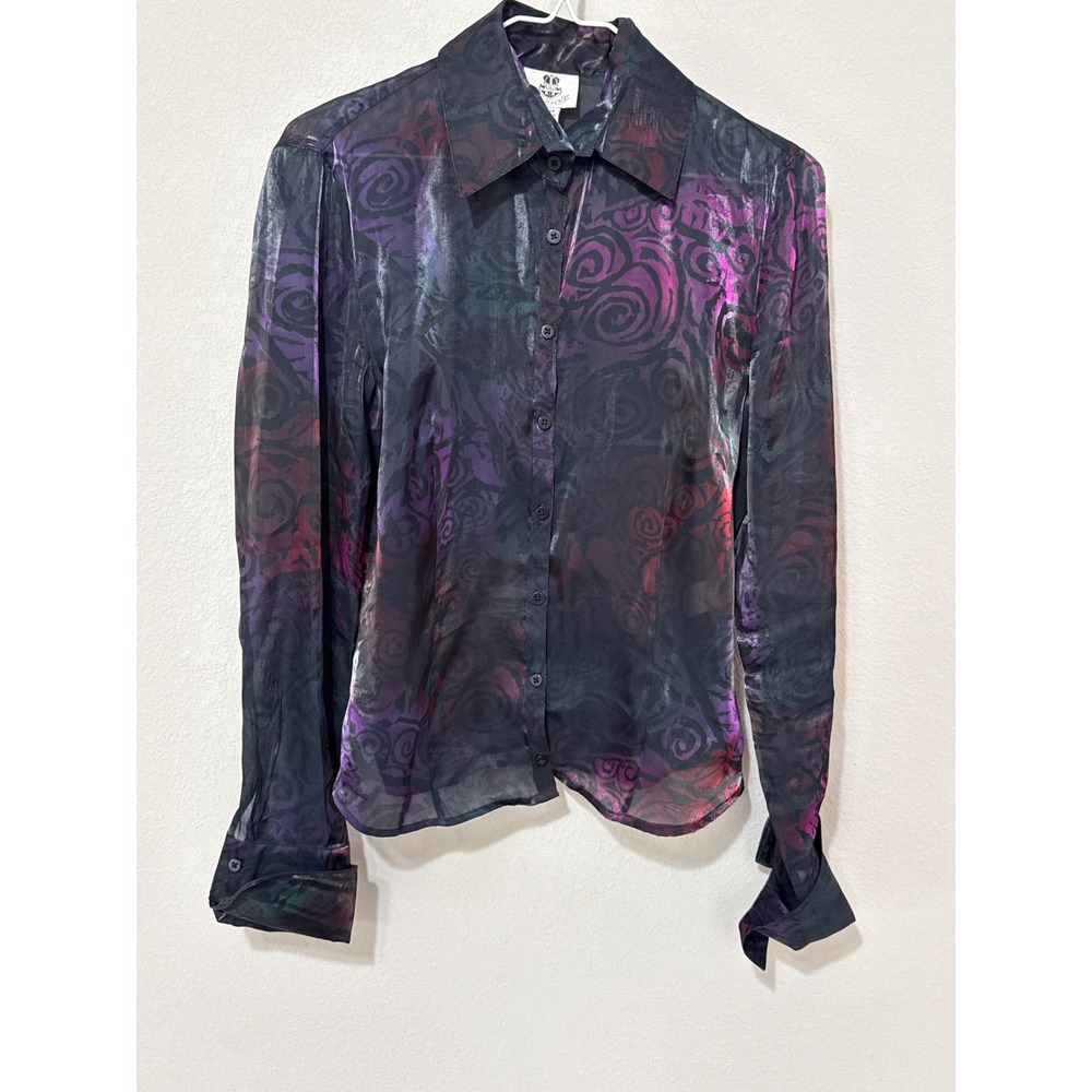 VTG Renfrew Blouse Womens S Purple Iridescent Sheer Rose Pattern Button Up Shirt